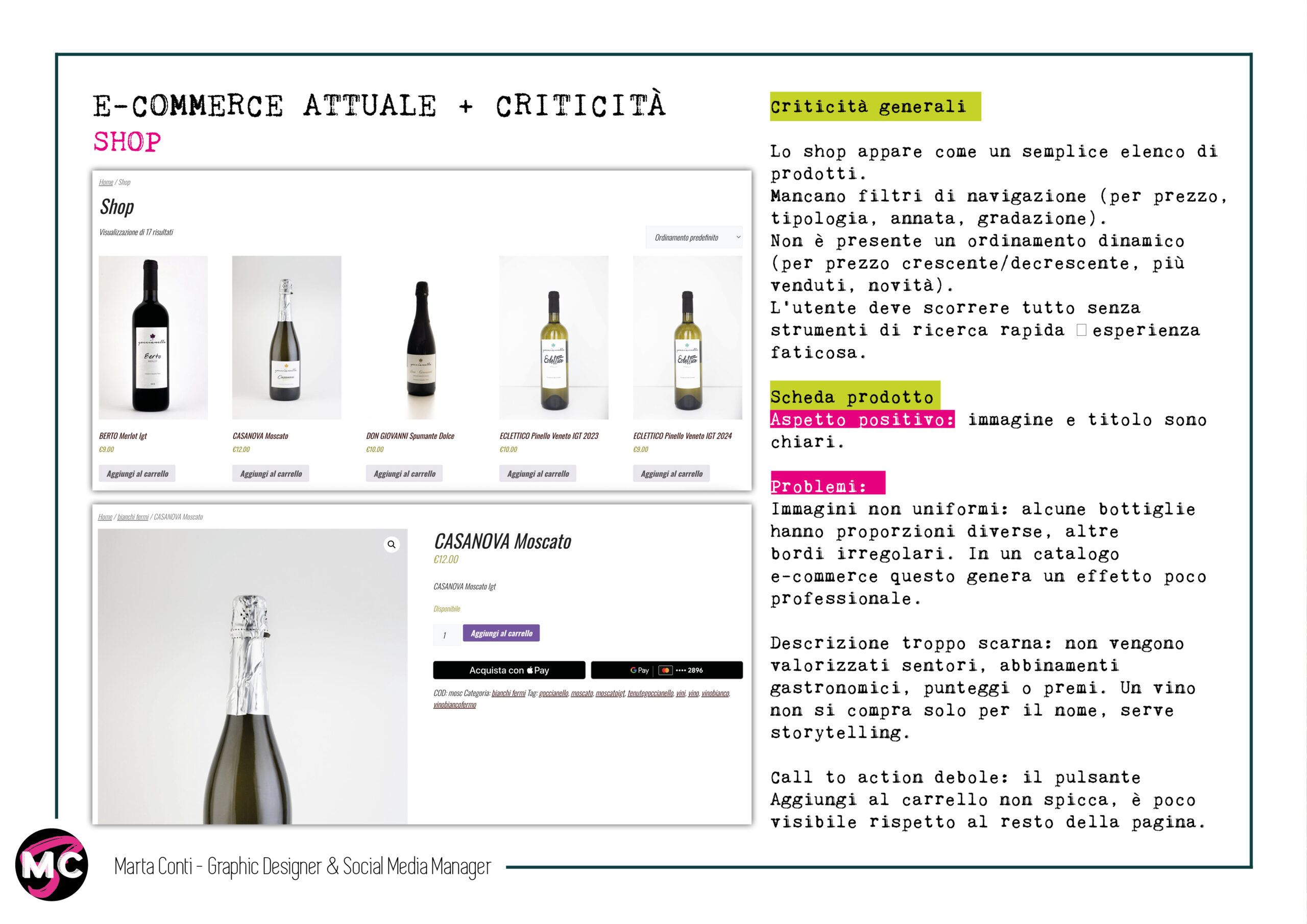 Criticit&agrave; pagina shop e scheda prodotto e-commerce vino