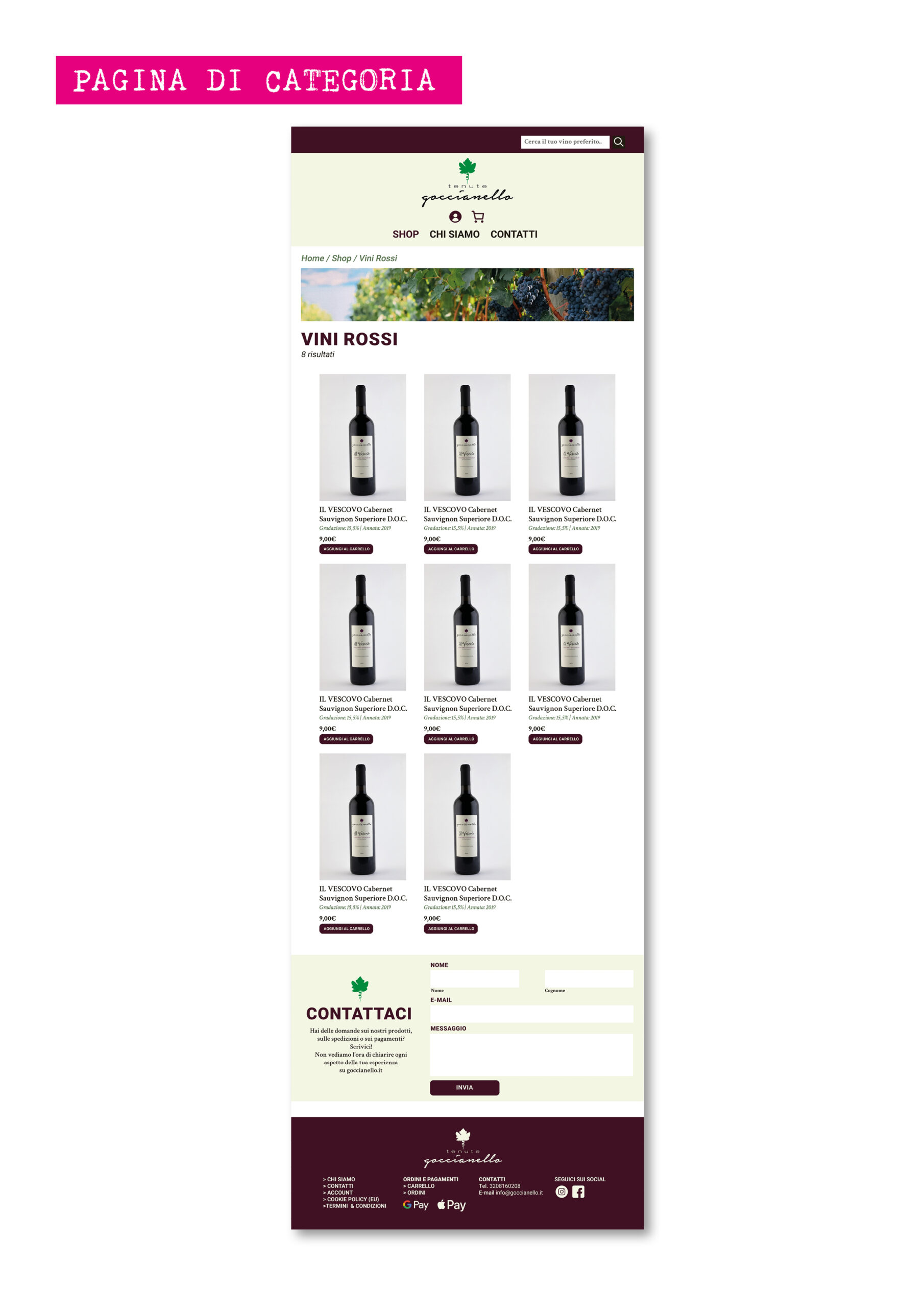 Wireframe e struttura nuova homepage e-commerce Tenute Goccianello