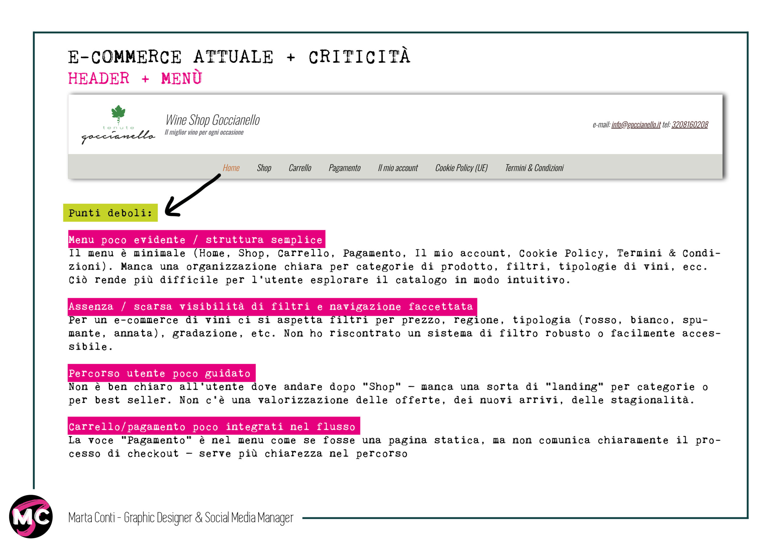Analisi criticit&agrave; header e menu e-commerce vino Goccianello