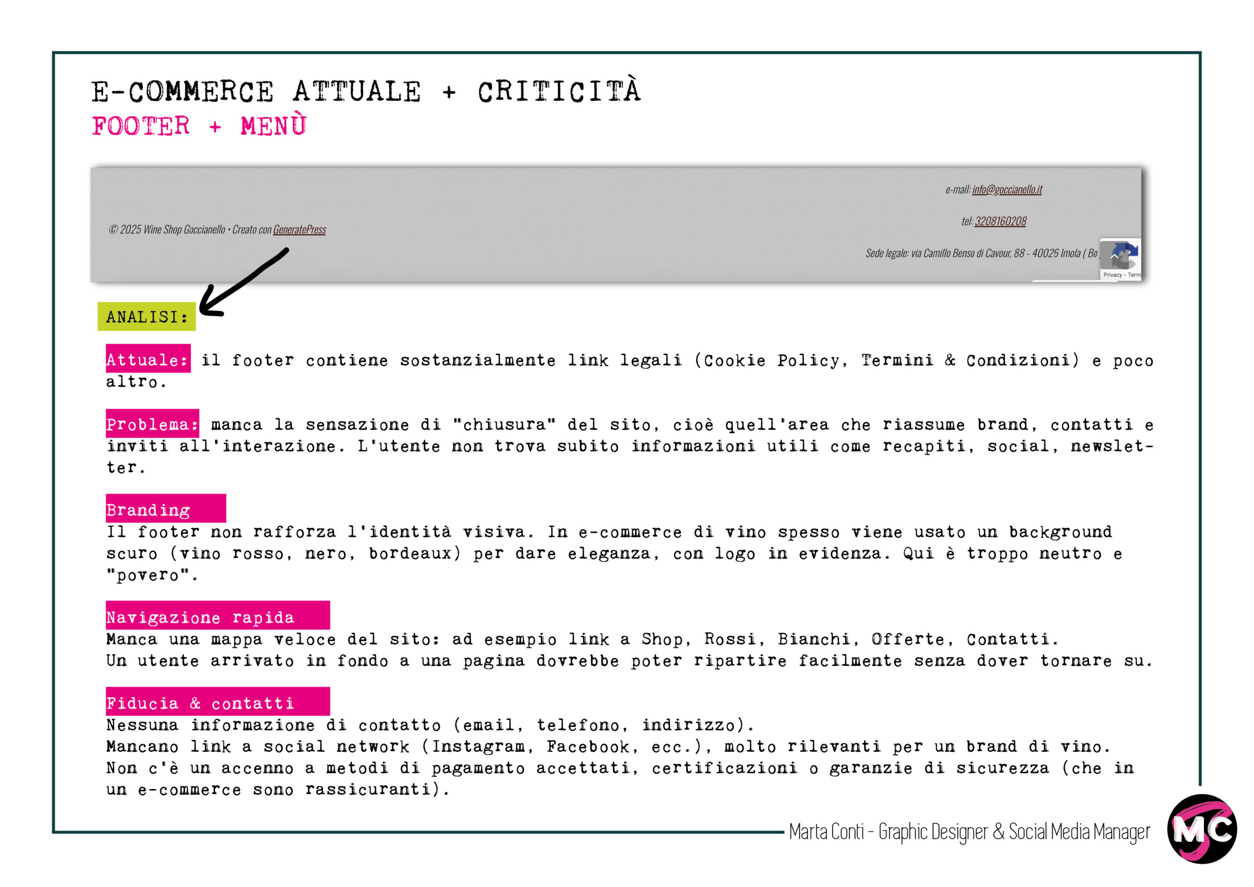 Analisi criticit&agrave; footer e-commerce Tenute Goccianello