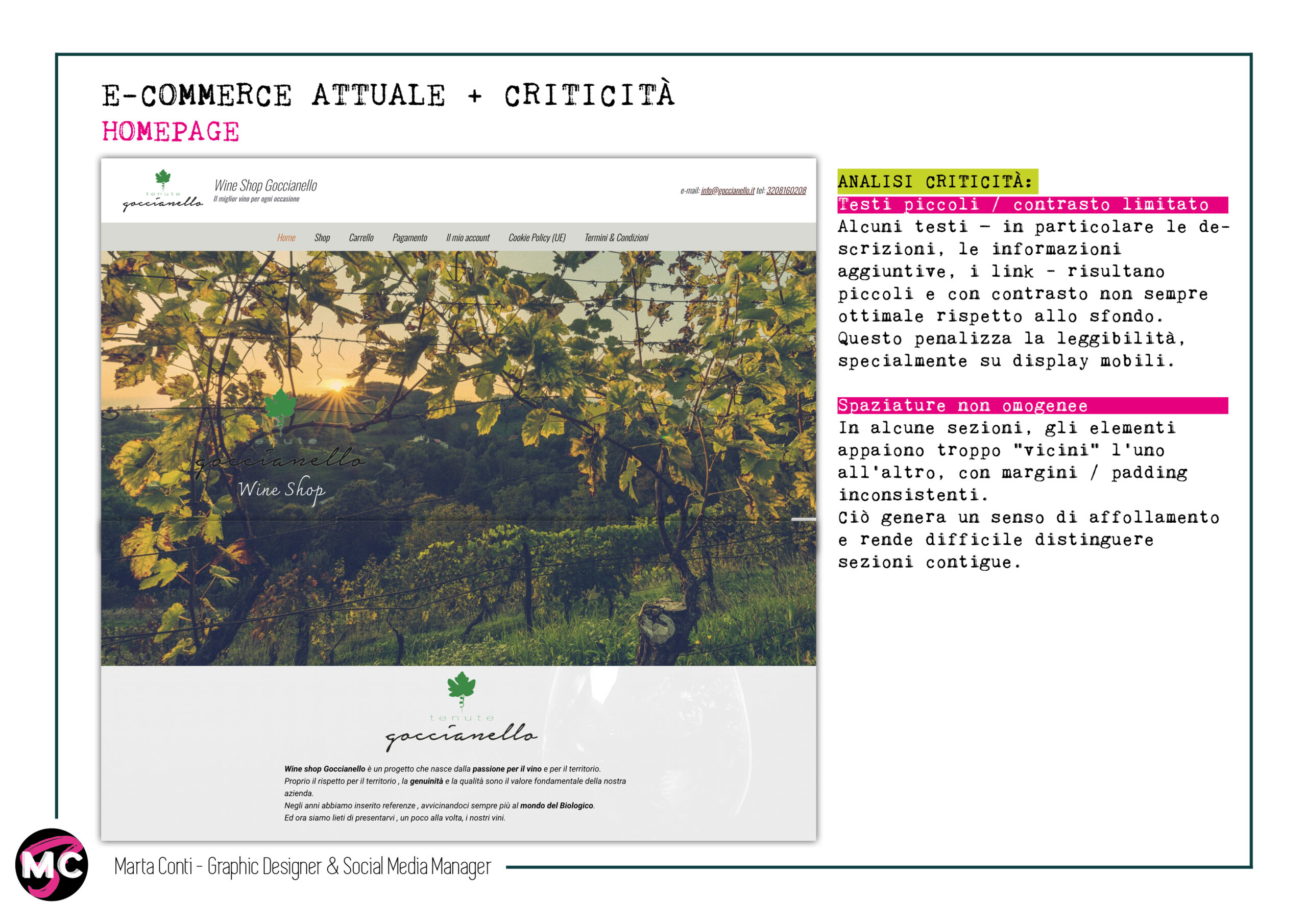 Criticit&agrave; leggibilit&agrave; testi e spaziature homepage e-commerce vino