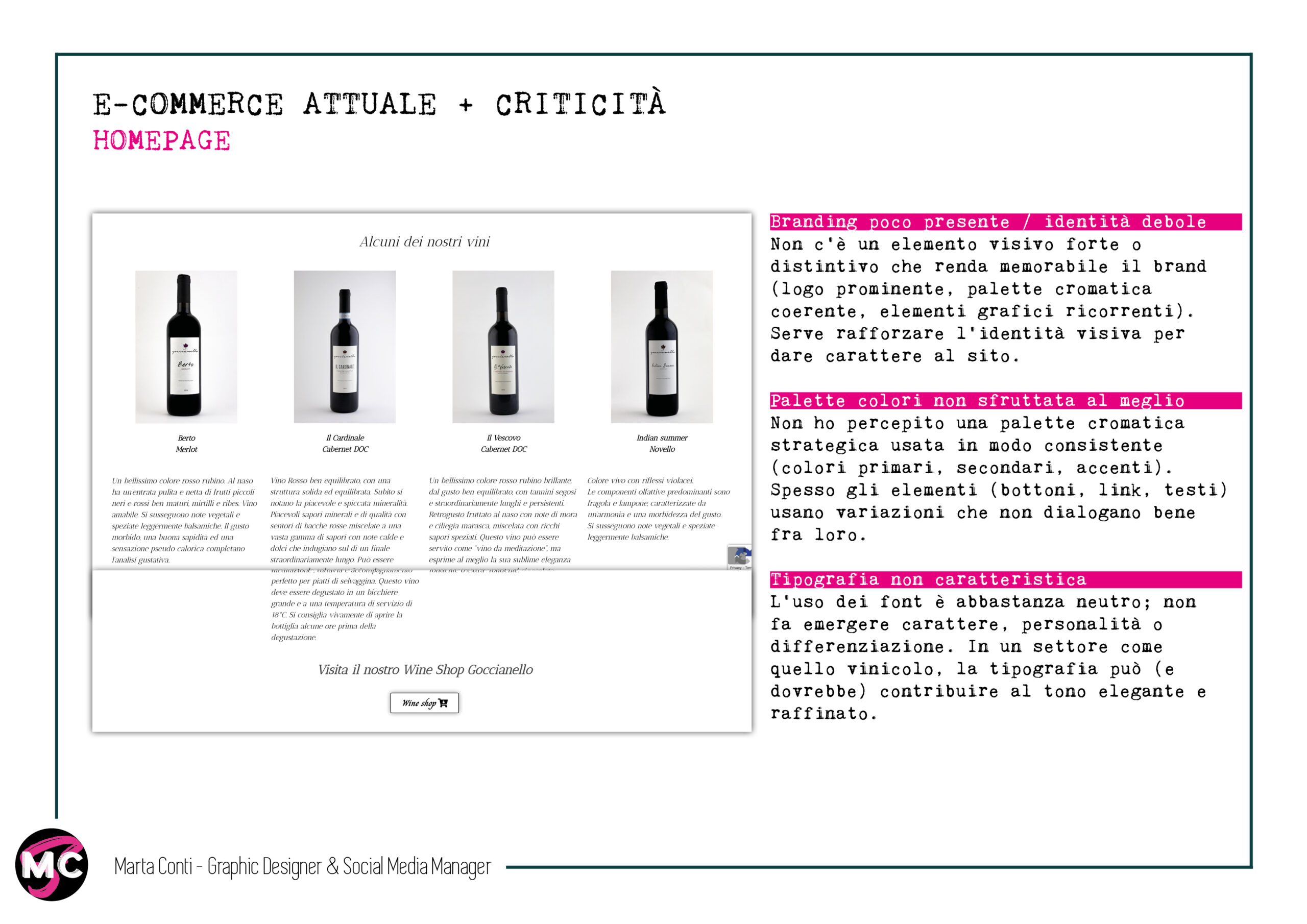 Criticit&agrave; branding, palette e tipografia homepage e-commerce Goccianello