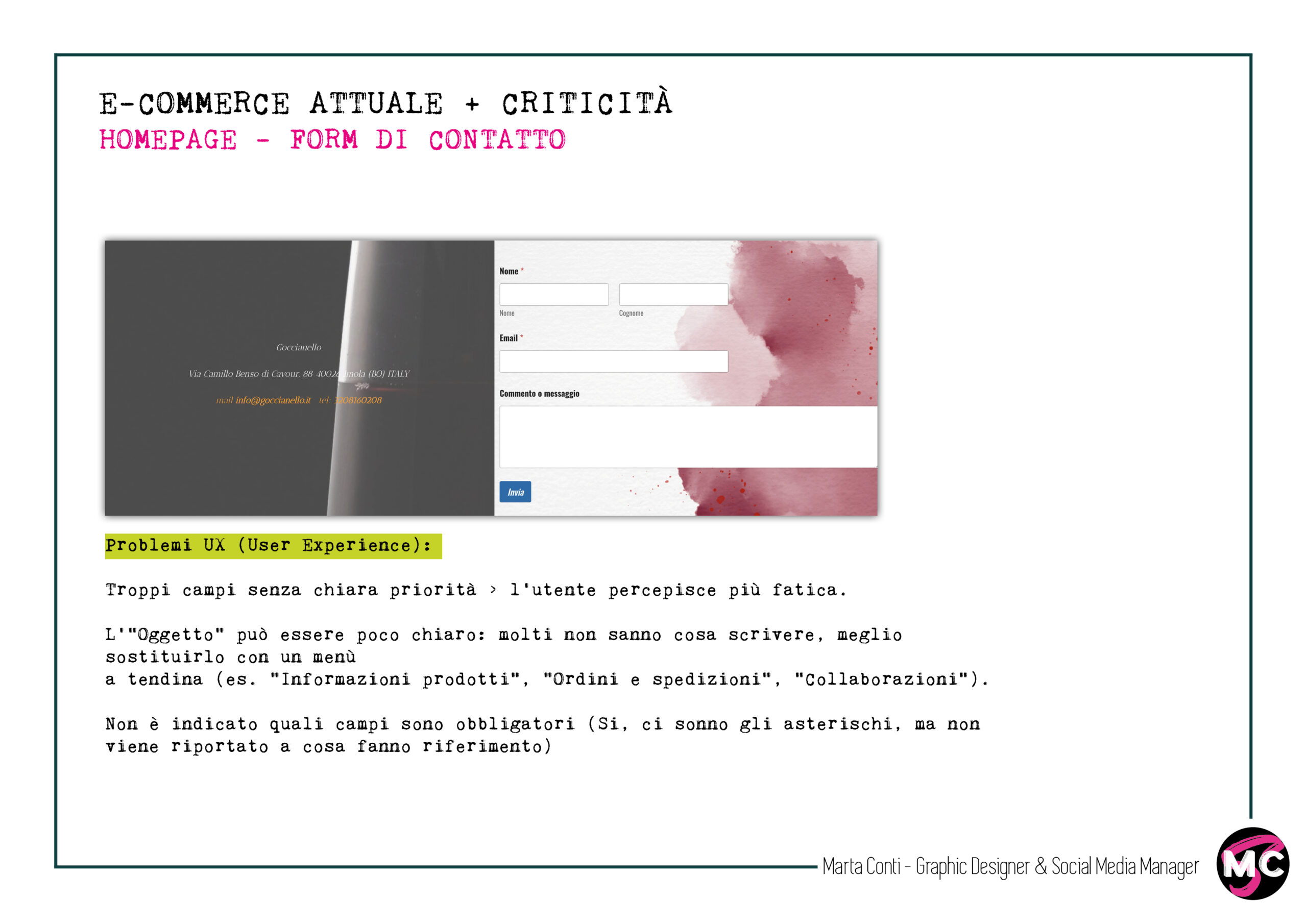 Analisi UX form di contatto e-commerce Tenute Goccianello